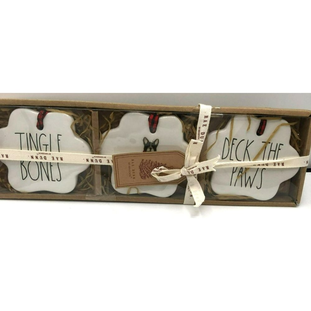 Boxed Set 3 Rae Dunn Christmas Ornaments Dog Lovers Jingle Bones Deck the Paws